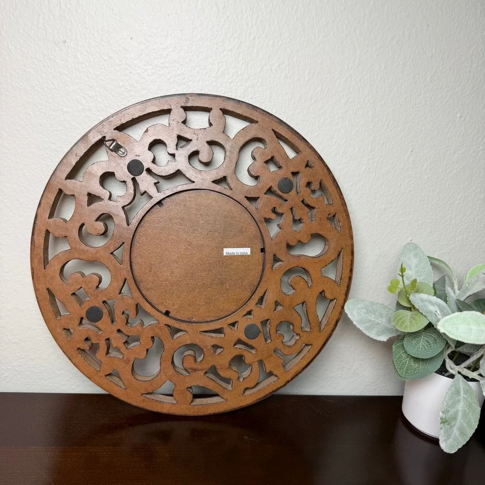 Round Wood Fleur de Lis Wall‎ Mirror Brown Black Scrollwork Ornate